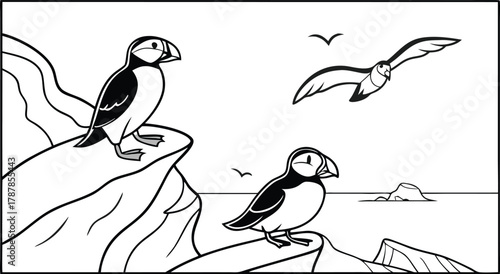 Charming puffins perched on rocky cliffs by the ocean, one soaring gracefully above the sea in a delightful scene