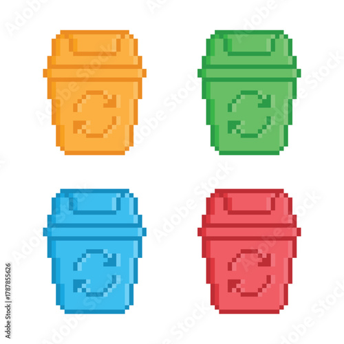 pixel Trash bin icon. Vector pixel art different color garbage bin  8 bit logo for game