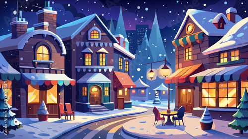 Serene snowy city street on Christmas night, cozy cafés glowing through frosted windows, gentle snowfall reflecting festive lights, towers and rooftops shimmering under the midnight sky