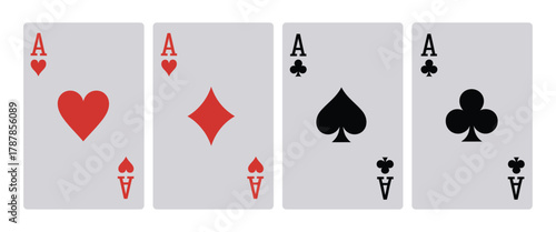 Set of ace card suit on white background, hearts, diamonds, clubs and spades symbols