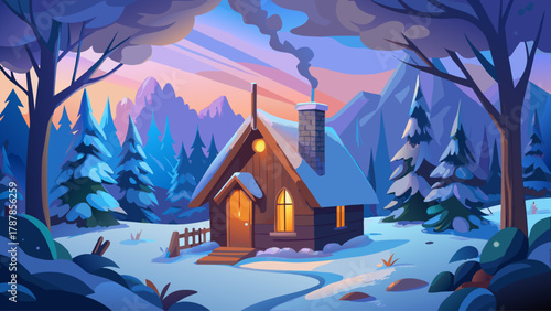 Digital illustration of a cozy wooden cabin nestled in a quiet snow-covered forest at twilight, soft smoke curling from the chimney, rendered in a gentle blue and gray palette
