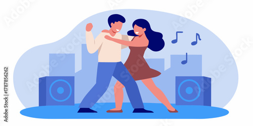 Couple dancing joyfully with music notes in a lively atmosphere