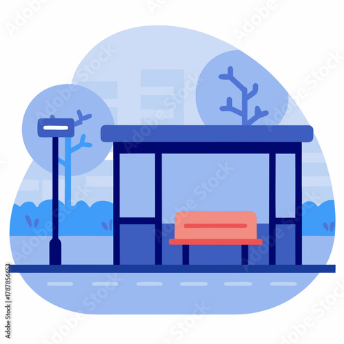 Empty bus stop with a bench and street sign in tranquil urban setting