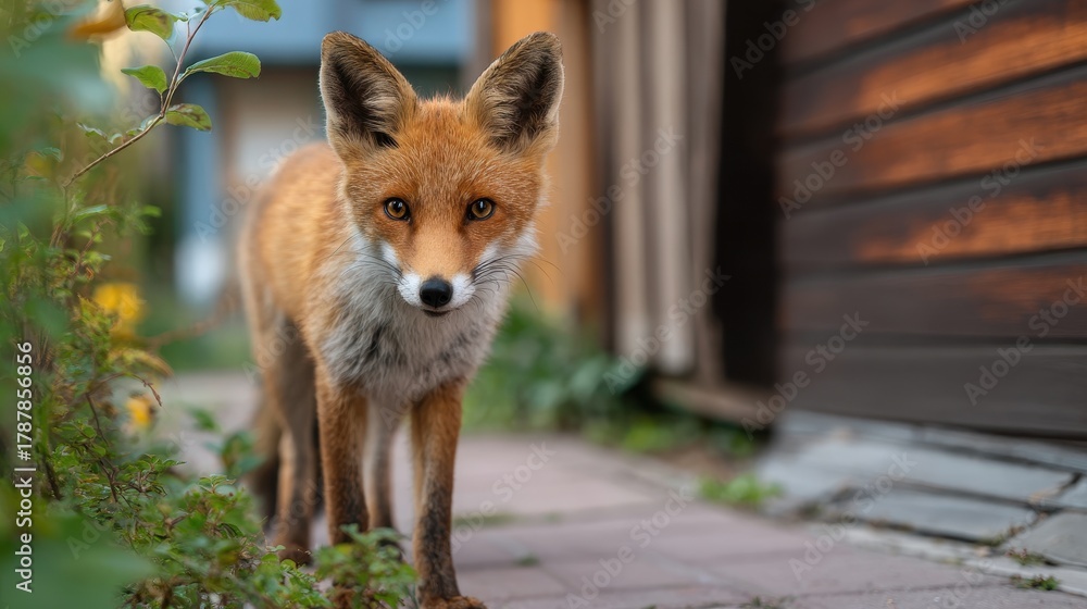 Obraz premium A lovely young fox strolls through a private home s yard Selective focus