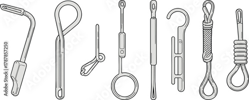 Detailed metal hook and loop hardware vector illustration set, industrial fastener accessories, technical line drawing for fashion and utility design