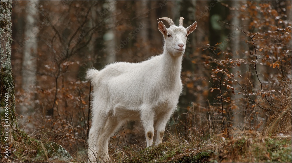 Obraz premium A young Saanen goat with white wool is grazing in the woods