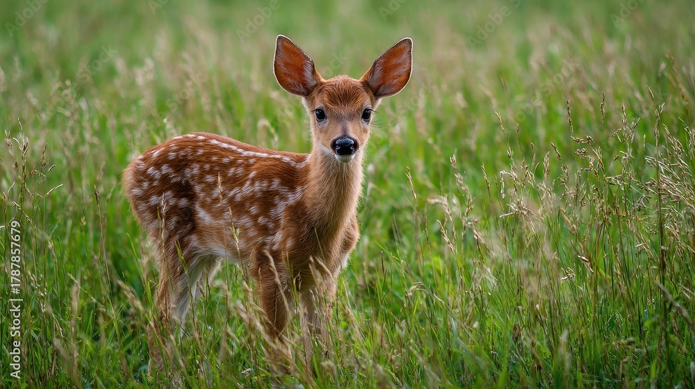 Fototapeta premium A young deer in a sunlit meadow
