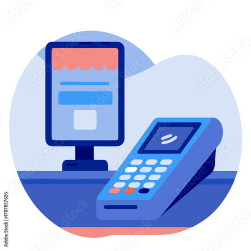 Payment terminal with monitor, point of sale, transaction processing, blue background