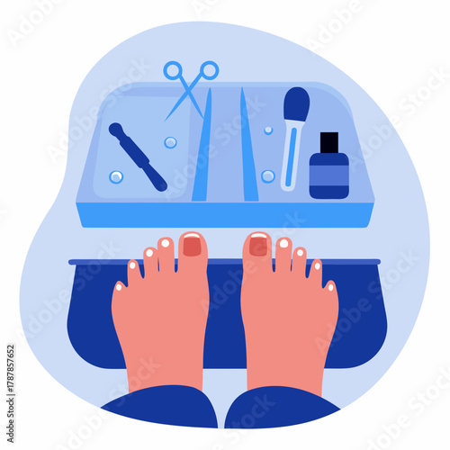 Pedicure treatment, feet with nail polish, beauty salon, personal care, blue background
