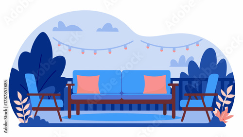Outdoor patio sofa, comfortable seating, cozy atmosphere, blue background