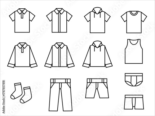 Outline Icon Set of Various Men's Clothing and Apparel