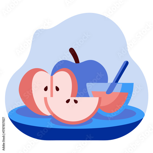 Rosh Hashanah apple and honey, traditional symbols, festive celebration, blue background
