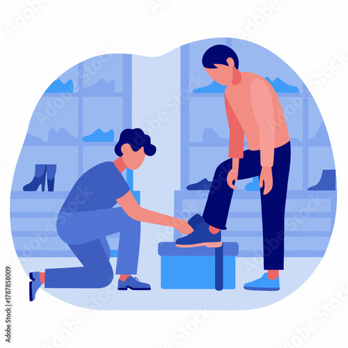 Shoe customer fitting, retail shopping experience, assistance, blue background