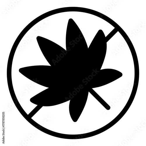 No leaf of hemp plant solid icon, prohibition concept, smoking marijuana is forbidden sign on white background, glyph style for mobile web design. Vector graphics.