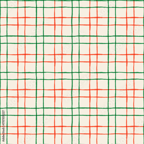 Christmas red and green painted checked pattern, Doodle plaid holiday background, wrapping paper design