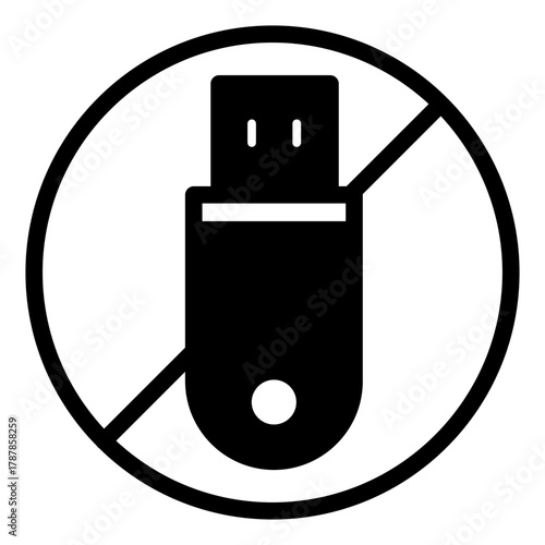 No USB flash drive solid icon, prohibition concept, dissemination of information is banned sign on white background, glyph style for mobile web design. Vector graphics.