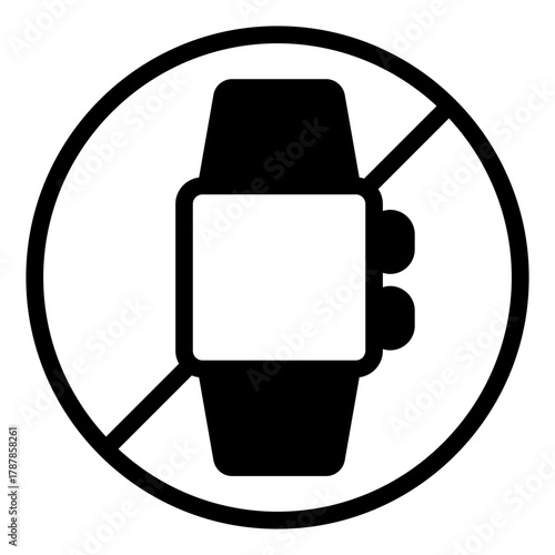 No wrist smart watch solid icon, prohibition concept, wearable electronics is banned sign on white background, glyph style for mobile web design. Vector graphics.