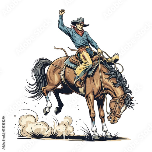 Vintage Style Cowboy Riding Bucking Bronco Horse with Raised Fist and Lasso Transparent Background Vector  Illustration
