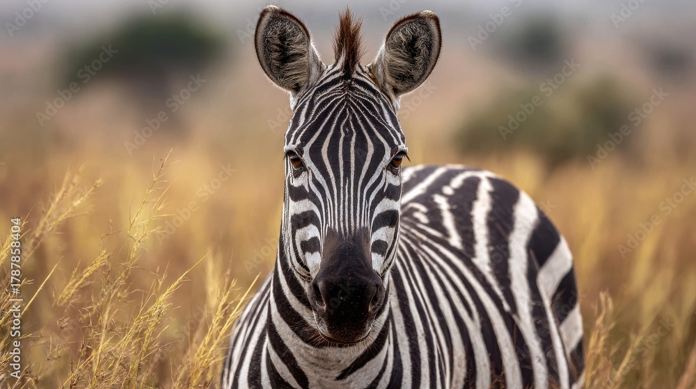 Obraz premium A zebra gazes directly at the camera in Kenya s savanna grasslands