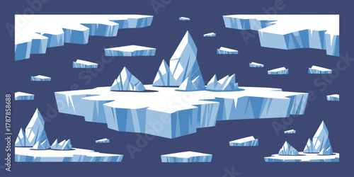 Floating glacier iceberg in north sea or arctic ocean, melting ice peak, Antarctic rocks, icy winter mountains, flat cartoon vector illustration isolated on blue background