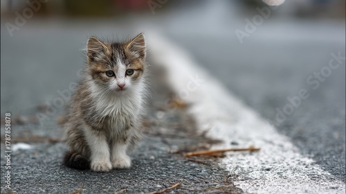 Fototapeta Naklejka Na Ścianę i Meble -  Abandoned kitten with a white stripe sits on the street crying for help