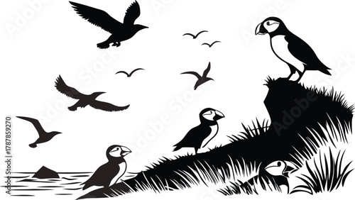 Charming puffins gathered on grassy cliffside with seabirds soaring above ocean waves