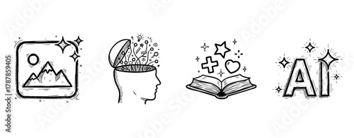 Creative icons: ai art, human mind, open book, and innovation in black and white