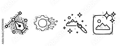 Creative graphic design icons: pen, circuit, brush, app with magical effects
