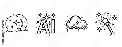 Sparkling icons of ai, speech bubble, cloud, and magic wand in black and white