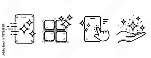 Black and white icons of mobile device cleaning and user interaction
