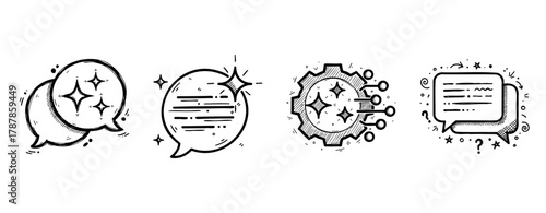 Whimsical speech bubbles and gear icons with sparkles in black and white