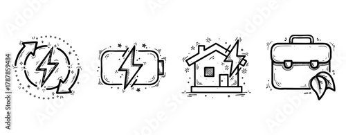 Energy efficient icons: renewable, battery, solar house, eco-friendly business