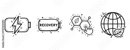 Eco-friendly energy icons: battery, recovery, technology, sustainability, globe