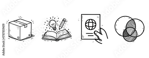 Collection of hand-drawn icons: box, open book, passport, venn diagram