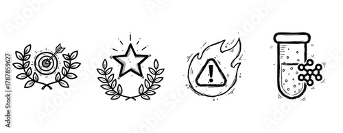 Hand-drawn icon set featuring target, star, flame warning, and chemical vial