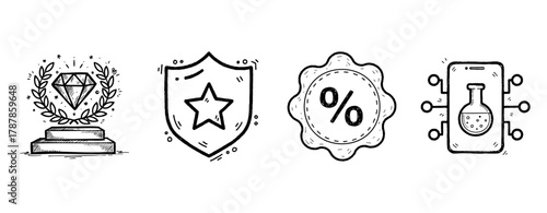 Diamond trophy, shield, percentage badge, and digital flask icon set in hand-drawn style