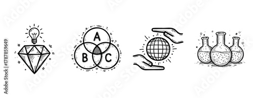 Vector doodle set: diamond, venn diagram, globe, chemistry bottles