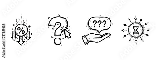 Hand-drawn icons: sales decline, curiosity, inquiry, genetic research