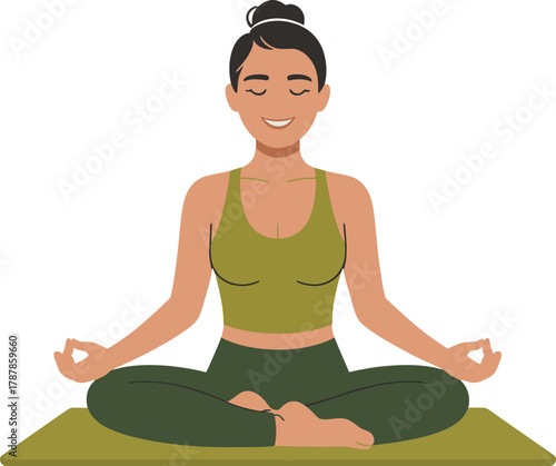Young woman sitting in lotus position meditating on yoga mat enjoying peaceful healthy lifestyle practice pose.