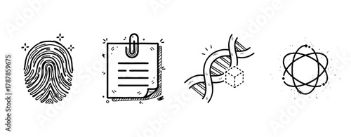 Fingerprint, document, dna strand, and atom icons in black and white sketch style