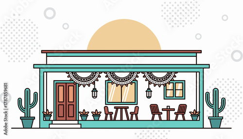 Festive patio scene adorned with papel picado banners, vibrant celebration