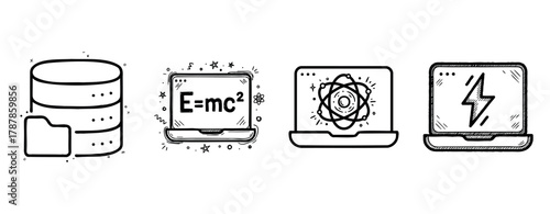Data storage, scientific computing, atomic model, energy symbol on laptops