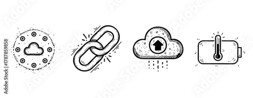 Hand-drawn cloud network icons: connectivity, data sync, security, temperature