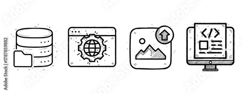 Hand-drawn technology icons: database, global settings, image upload, code development