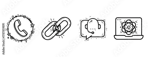 Communication icons: phone, broken link, chat bubble, atom on laptop screen