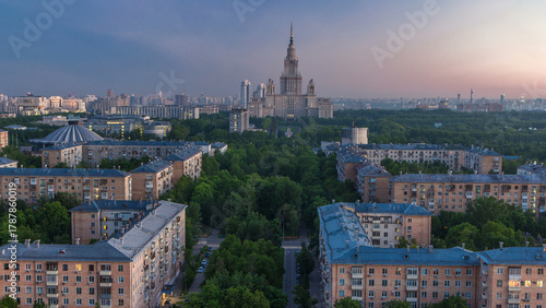 Moscow State University night to day timelapse before sunrise aerial view from rooftop.