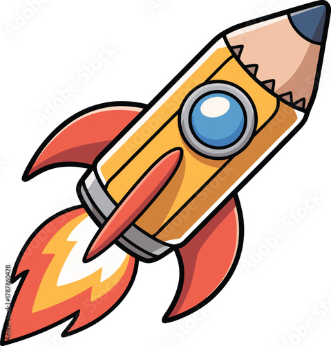 Conceptual pencil shaped rocket blasting off symbolizing quick launch of creative ideas and rapid development.