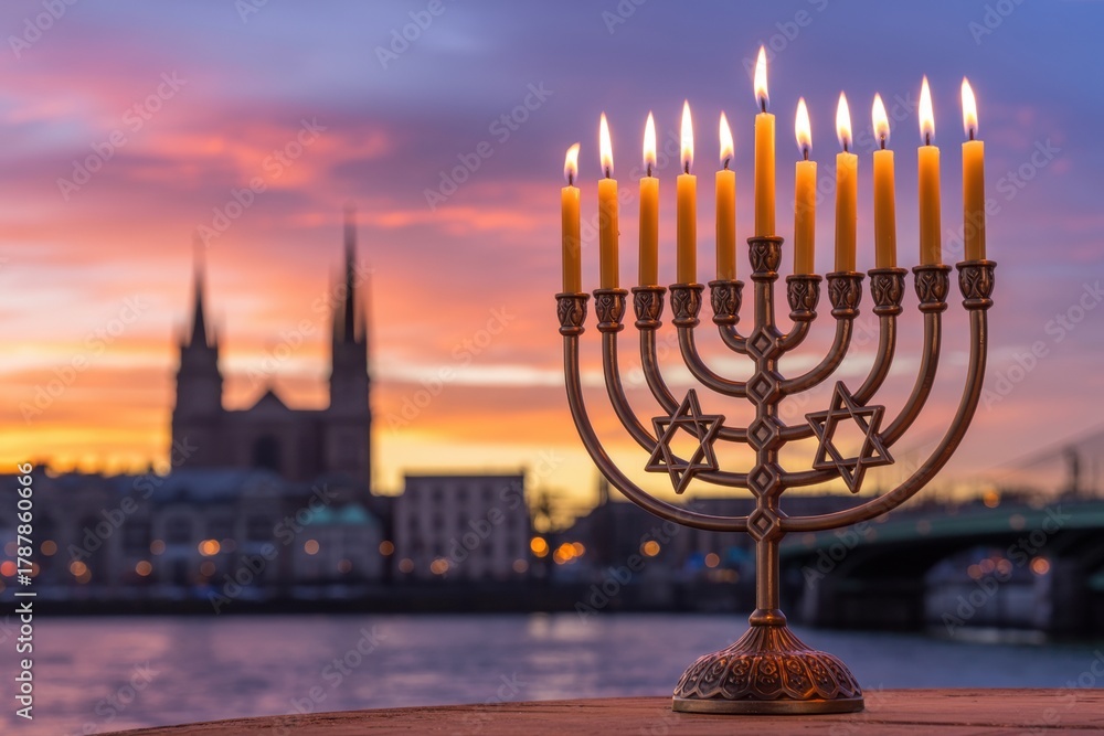 Fototapeta premium Menorah with lit candles against a vibrant sunset sky and cityscape, celebrating hanukkah
