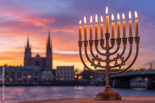 Menorah with lit candles against a vibrant sunset sky and cityscape, celebrating hanukkah
