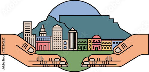 Hands holding modern and traditional city buildings with mountain landscape in background